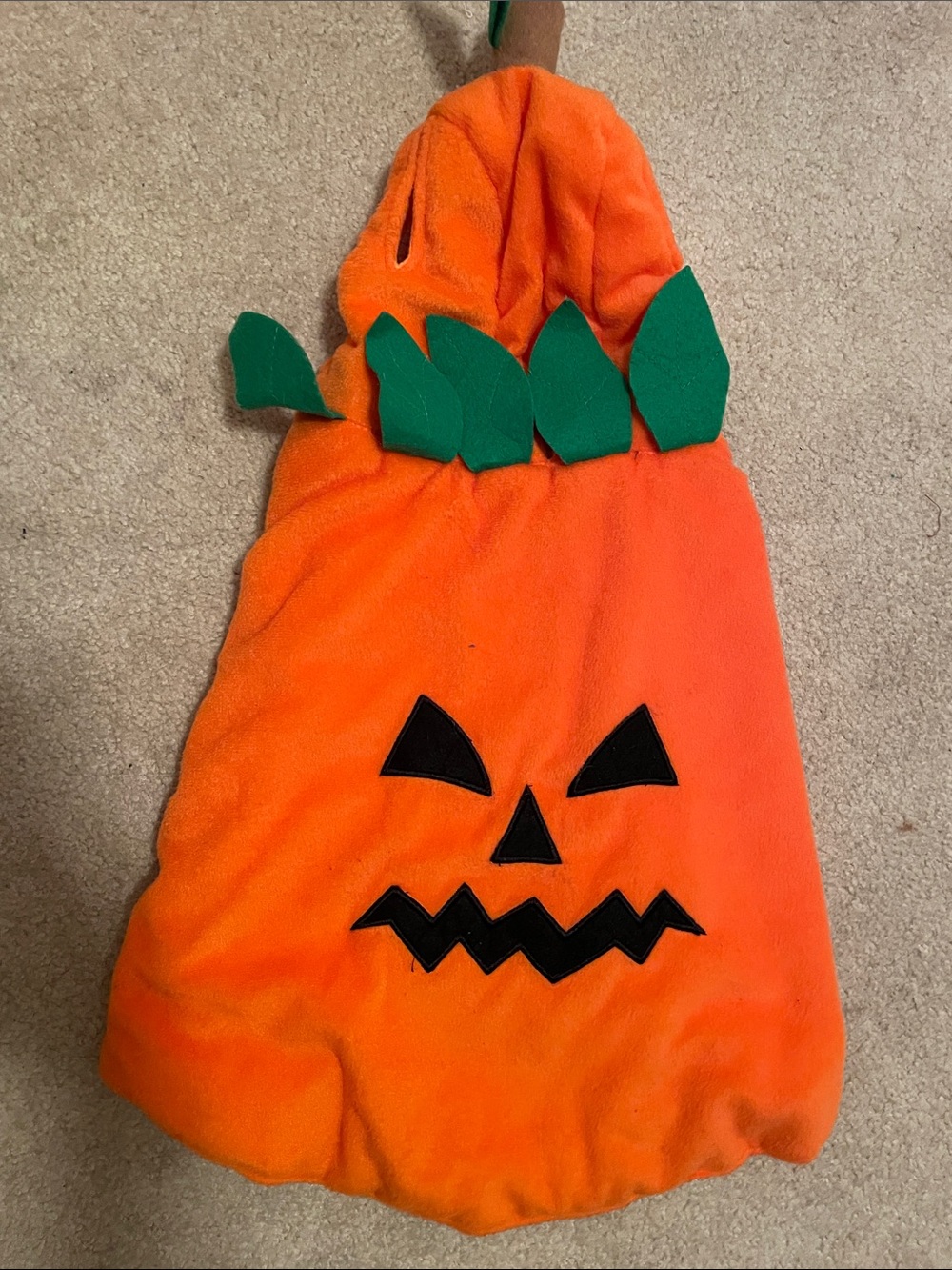Dog Halloween Orange Pumpkin Costume with Green Leaf Accents
